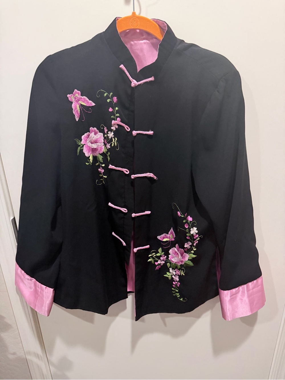 Black Women's Formal Silk Jacket with Pink Trim